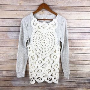 Sundance Crochet Lace Overlay Front Pullover Sweatshirt Top Size Small